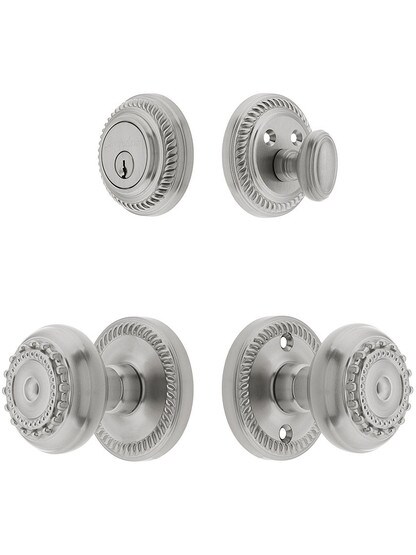 Grandeur Newport Entry Door Set, Keyed Alike with Parthenon Knobs in Satin Nickel.